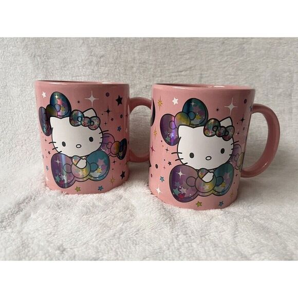 2 Sets Sanrio Hello Kitty Graphic Logo Stars Allover Print Pink Ceramic Mug - Picture 1 of 3